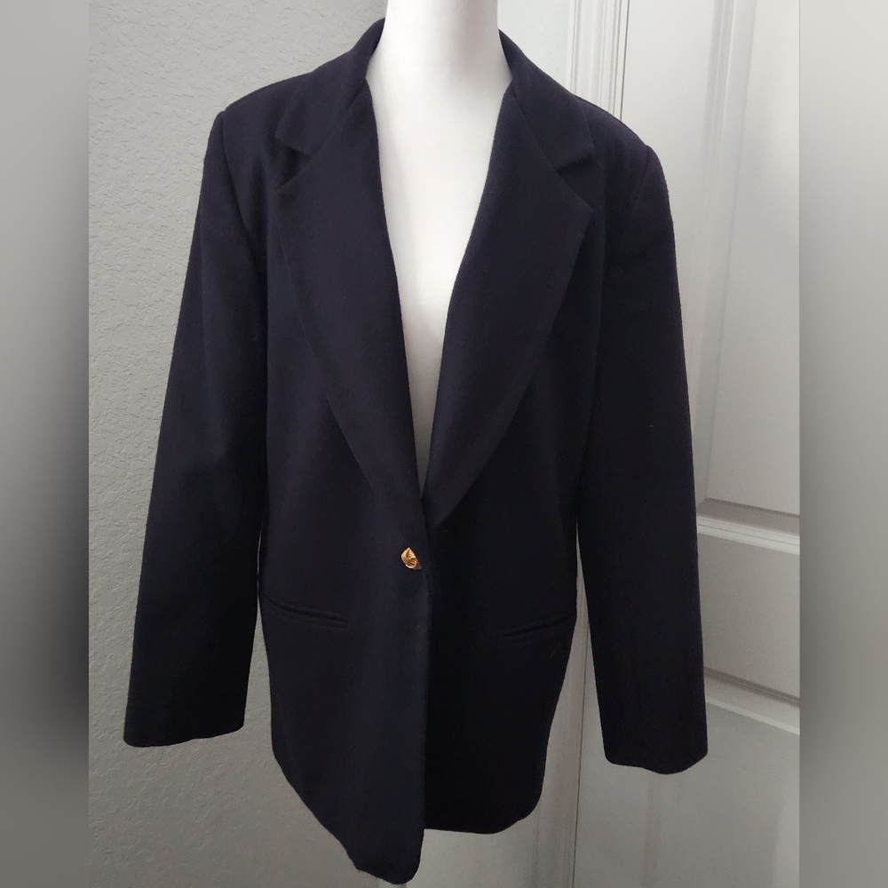 Vintage Savannah Ladies 12 Single Gold Button 100% Wool Navy Blue Blazer Jacket